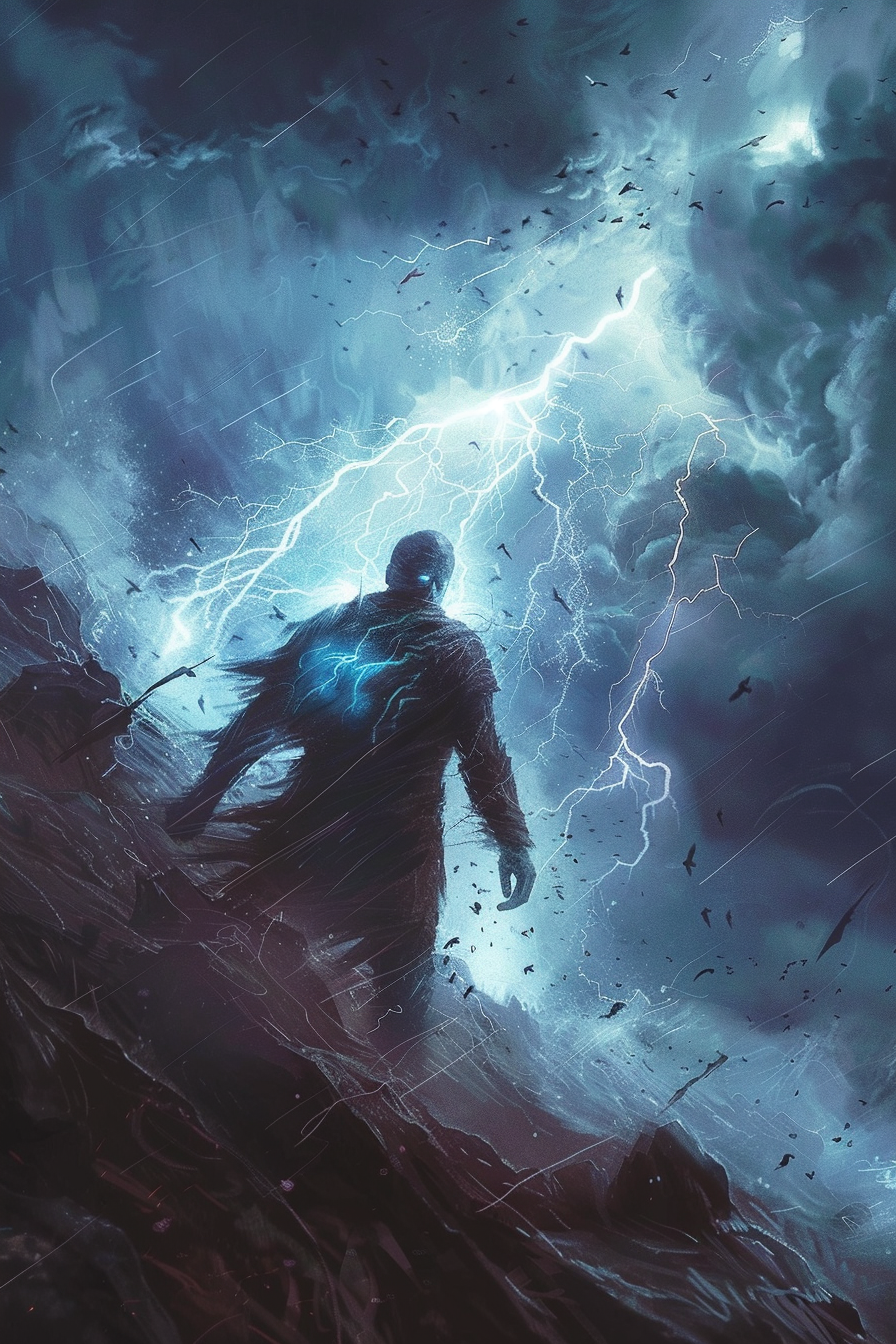 Man in stormy battlefield with glowing eyes and chaos.