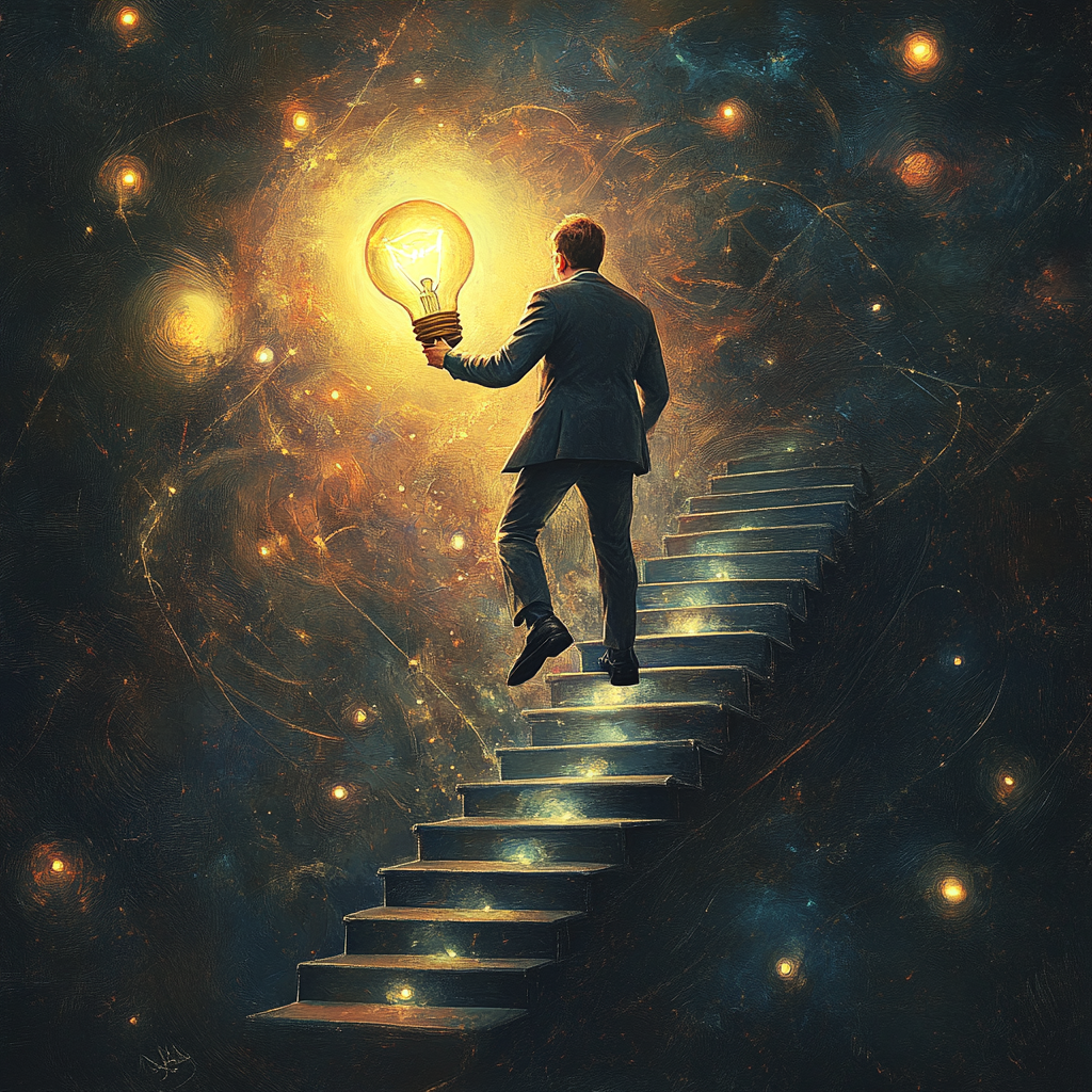 Man in suit climbing glowing steps to light bulb