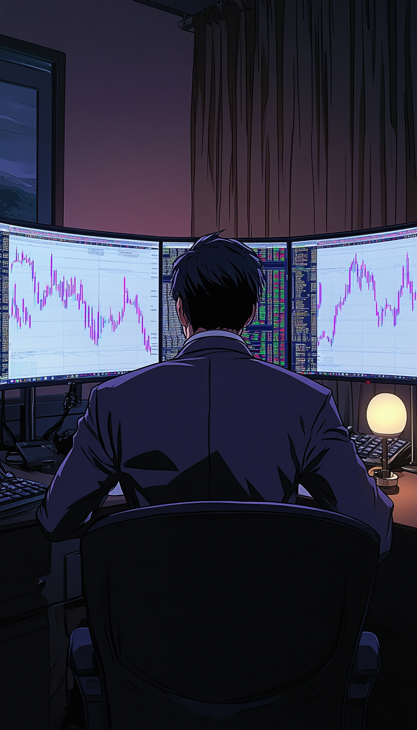 Man in suit in bedroom with forex charts screens.