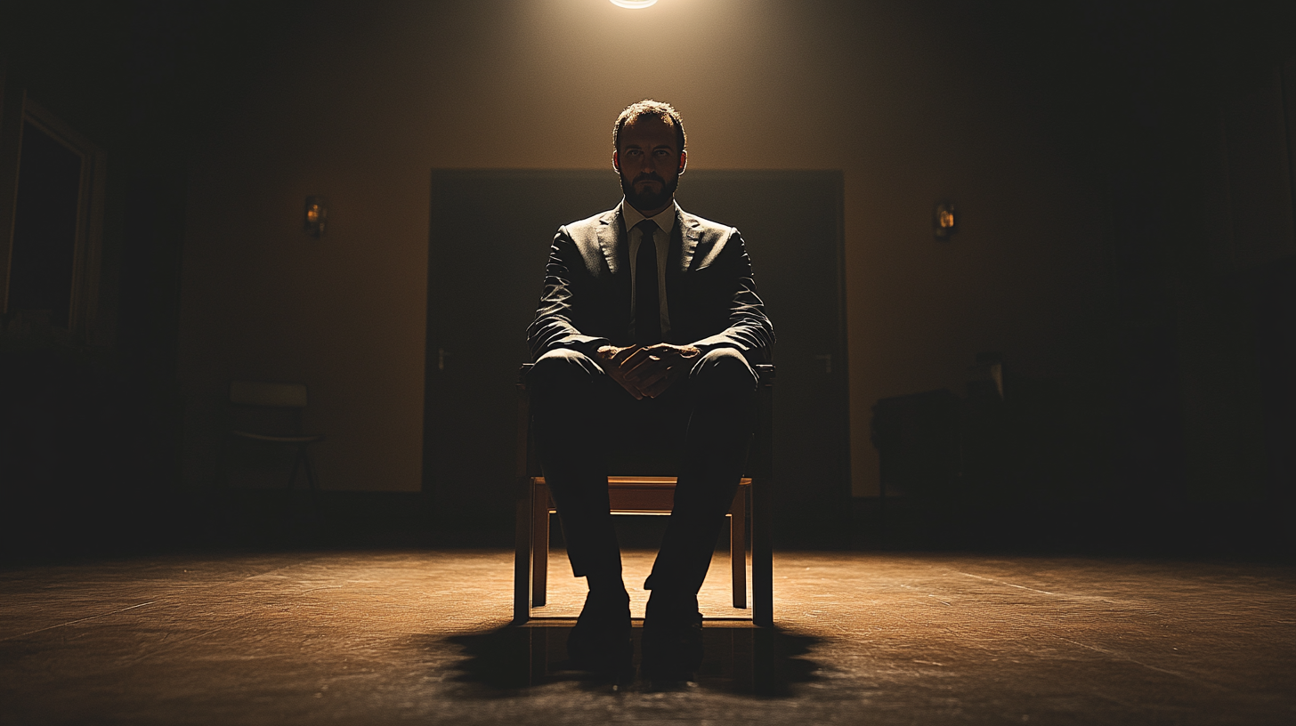 Man in suit sits in dark hall, front-lit.