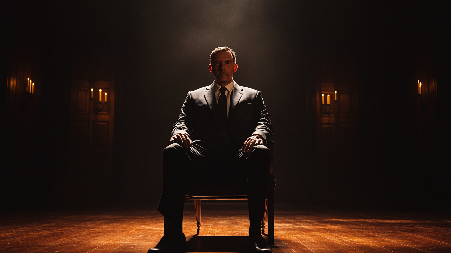 Man in suit sitting in dark room illuminated.