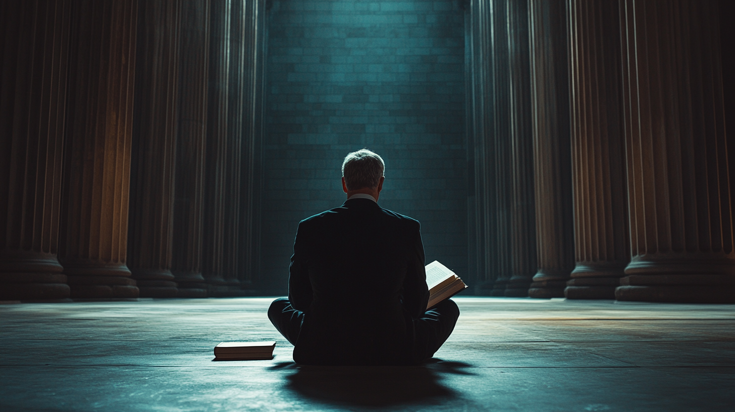 Man in suit sitting in hall with book light.