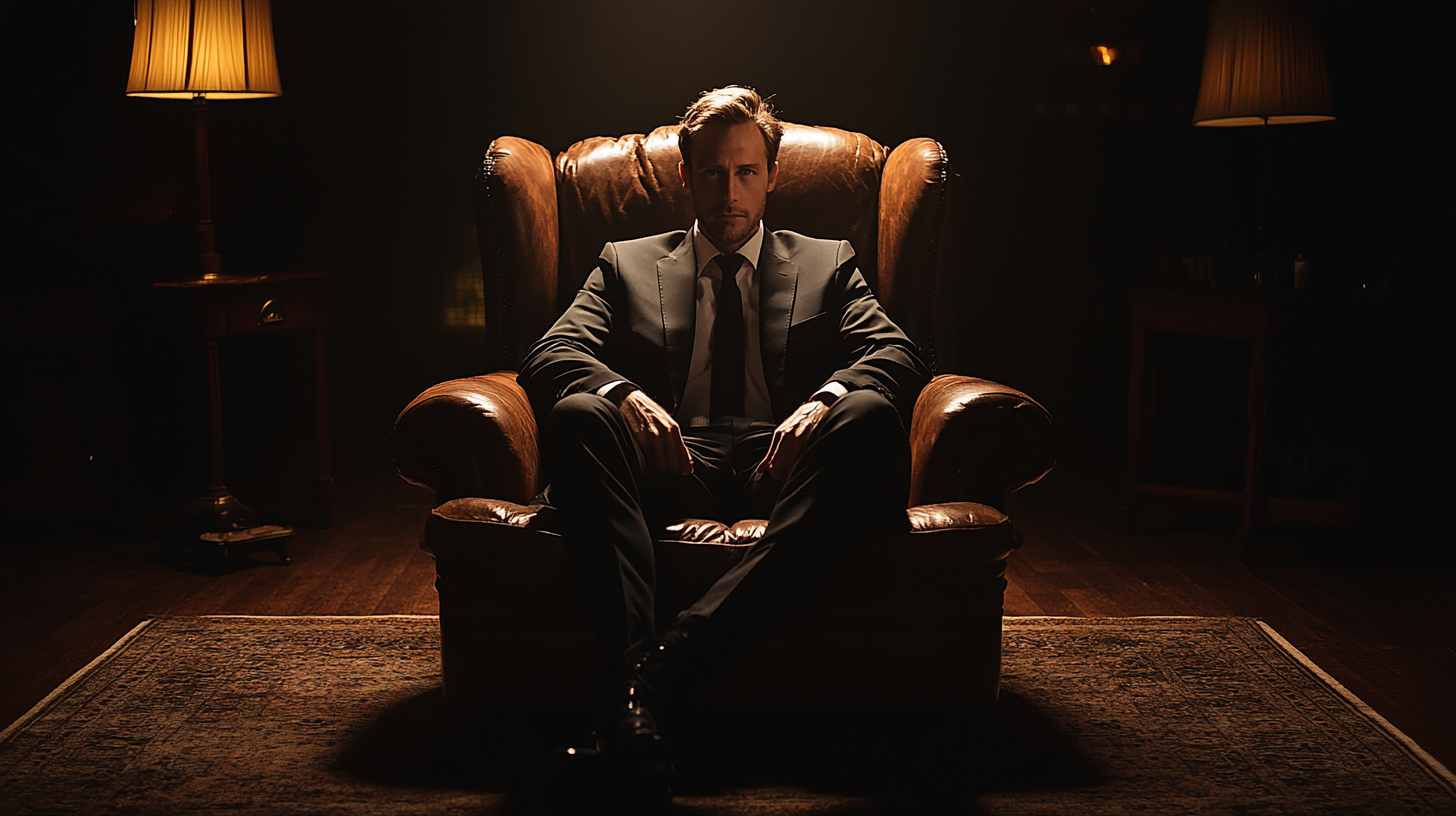 Man in suit sitting on chair, illuminated by light.