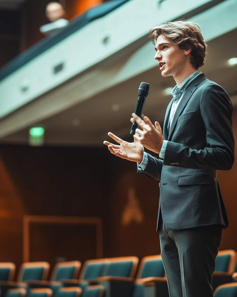 Man in suit speaking on stage with microphone