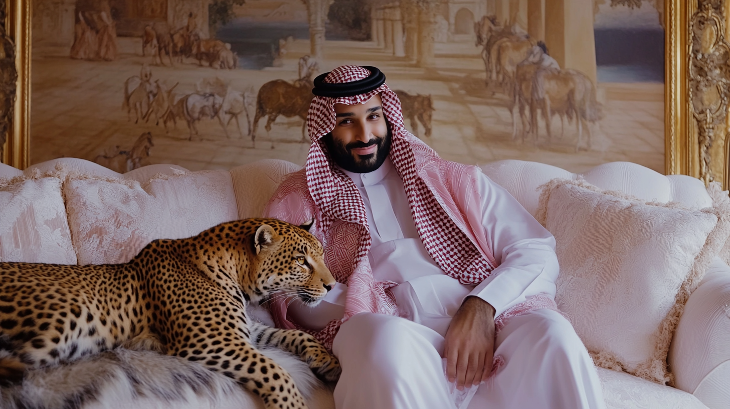 Man in traditional Saudi costume with leopard on sofa.