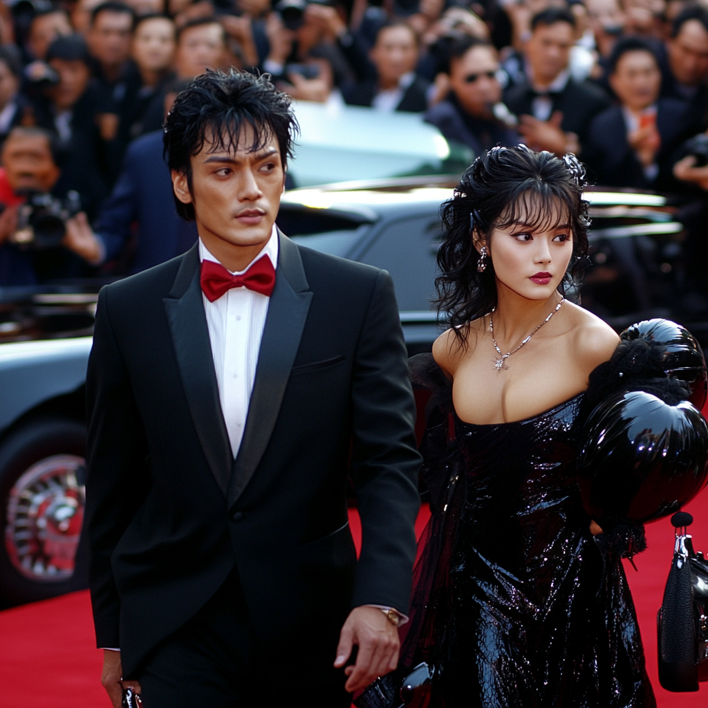 Man in tuxedo and woman in black dress on red carpet