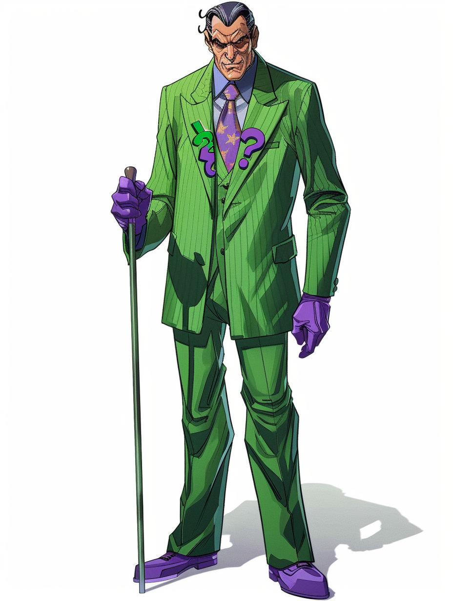 Man in unique green suit, purple accessories, question mark.