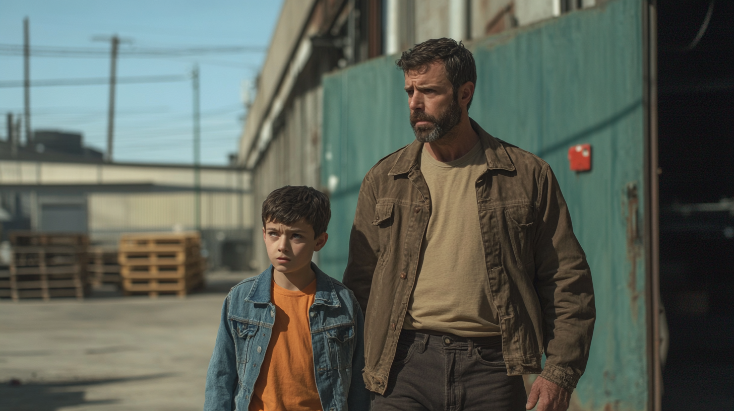 Man in warehouse with boy, tense atmosphere.