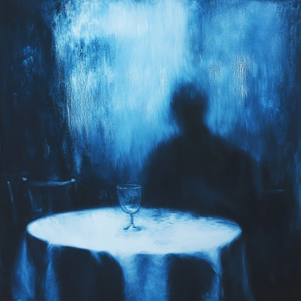 Man in white, tavern table, blue light, glass 