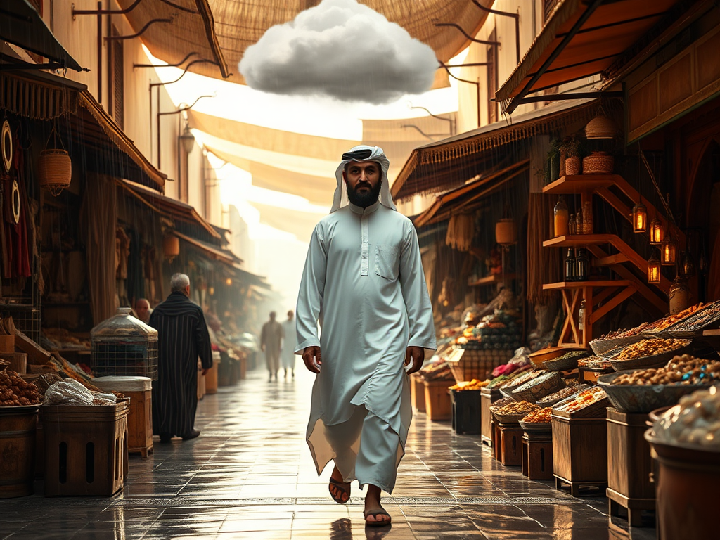 Man in white Arabic attire walks through vintage market.