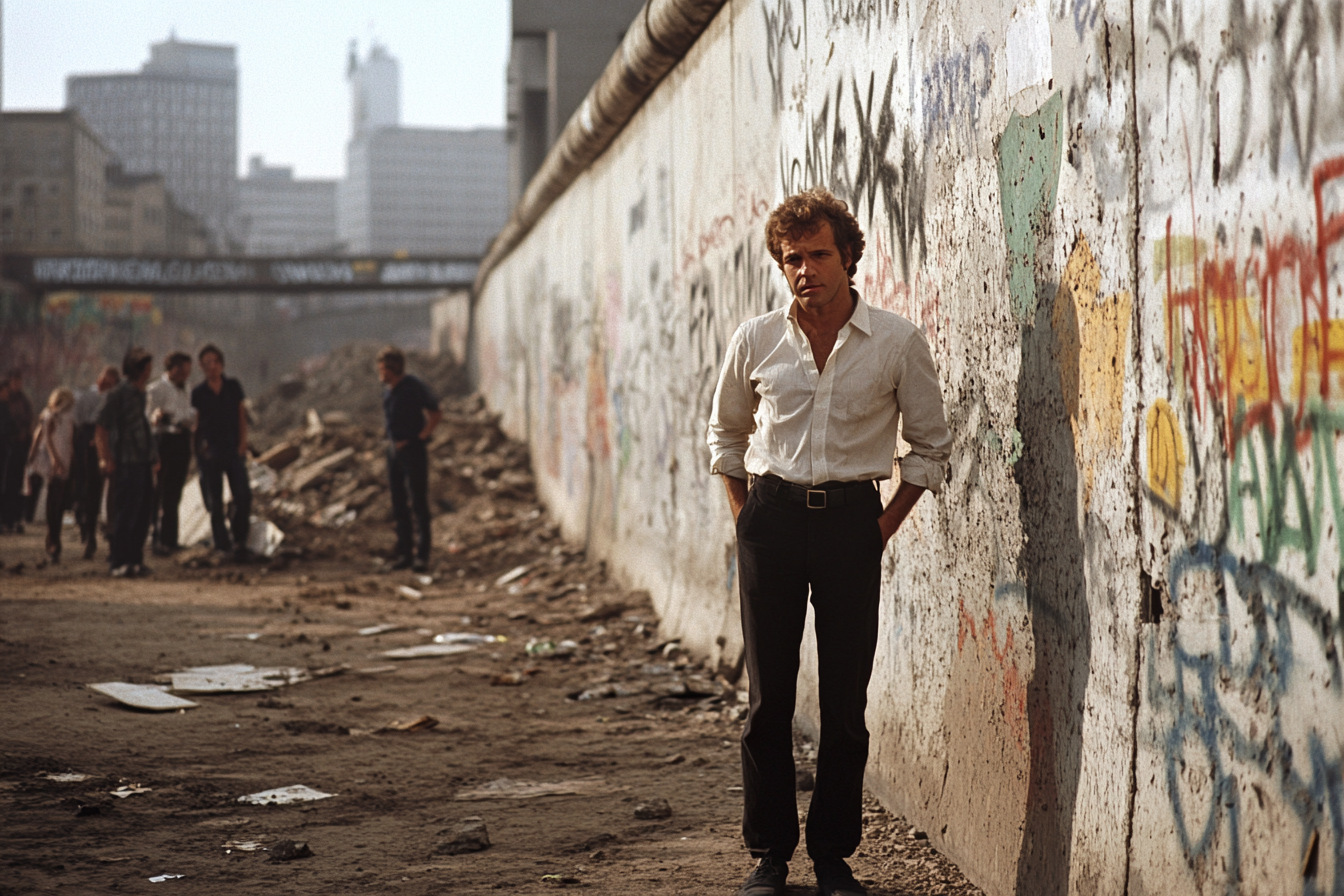 Man in white blouse stands in front of destroyed wall.