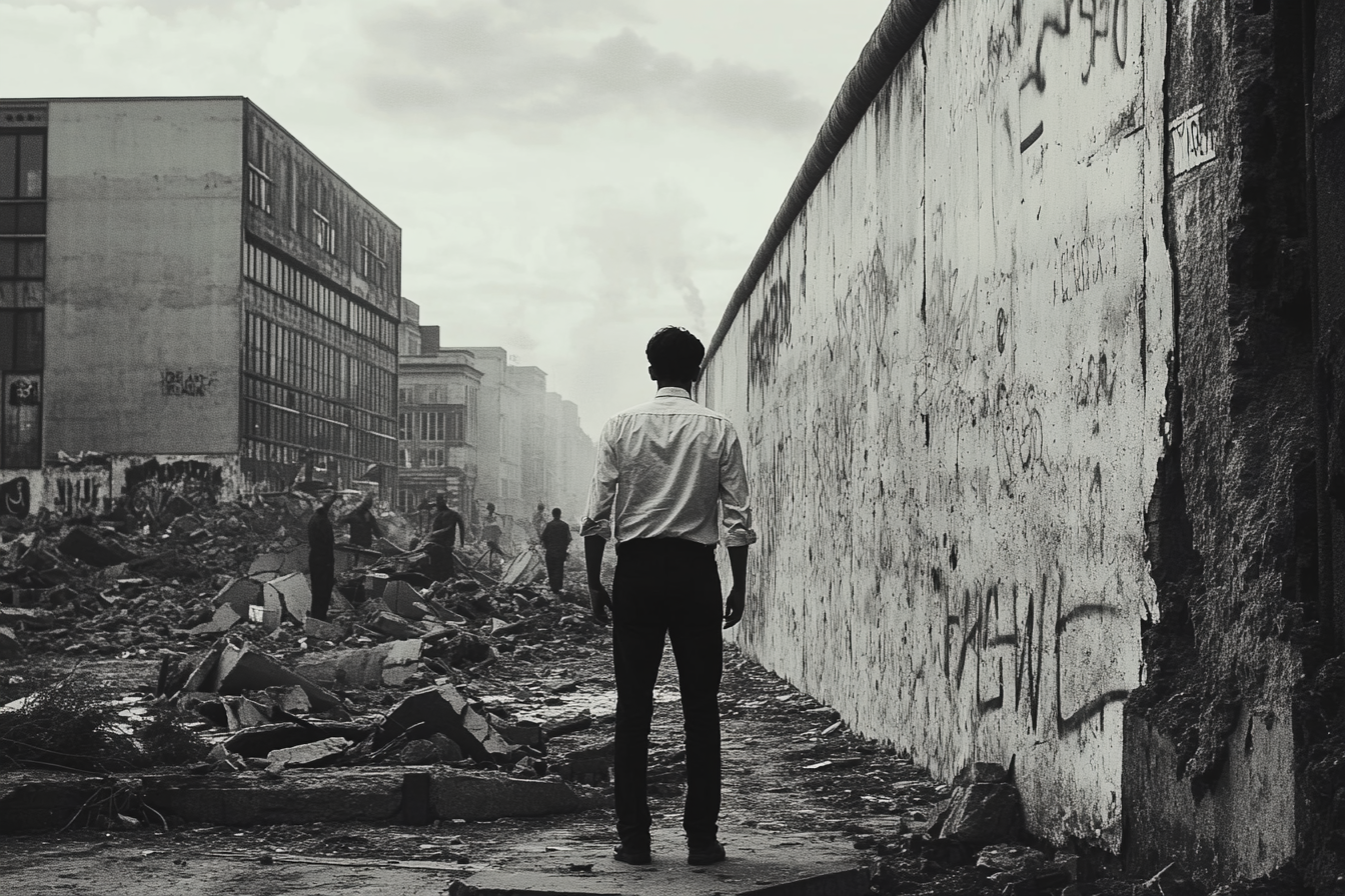 Man in white blouse stares as Berlin Wall falls.