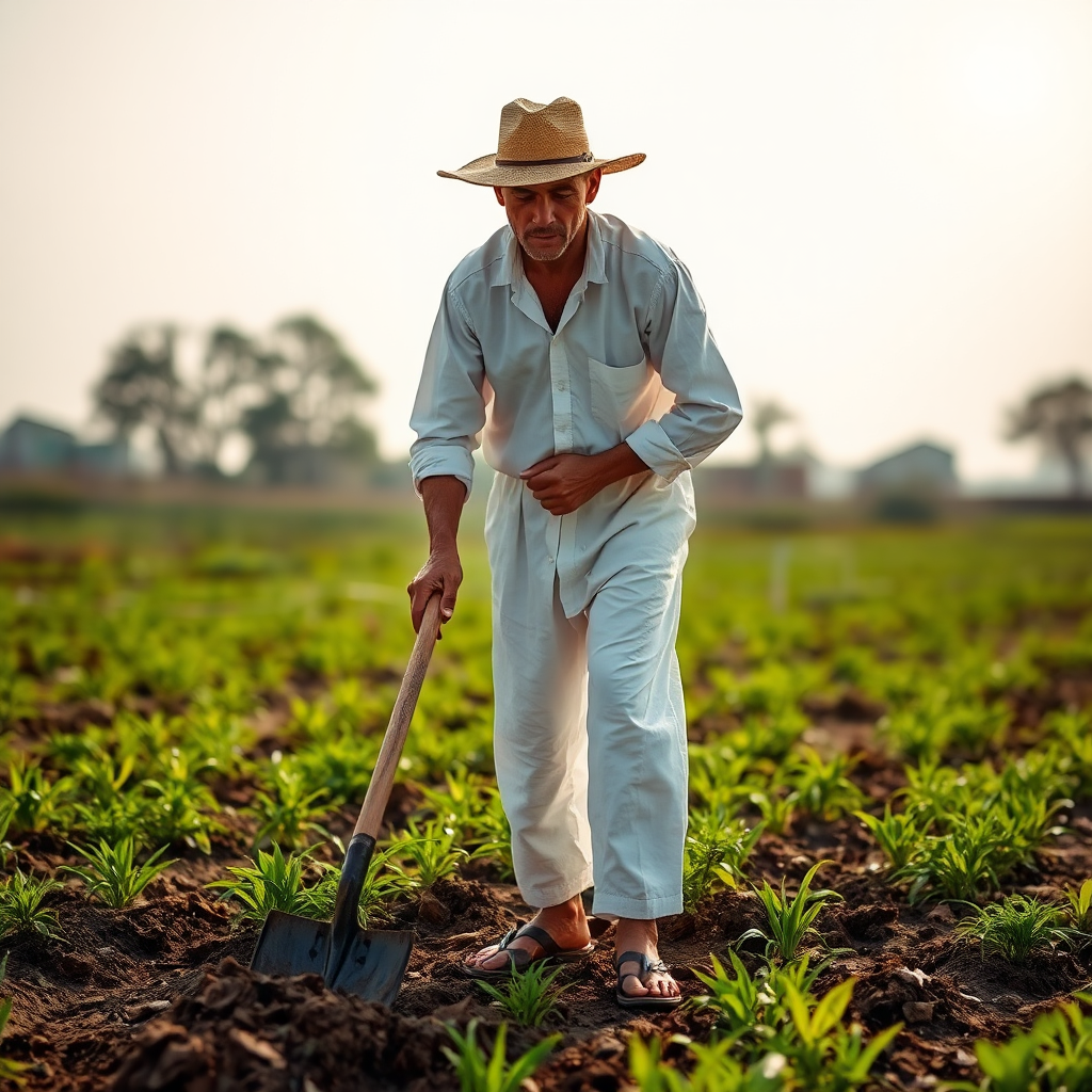 Man in white clothes working in field under sun.