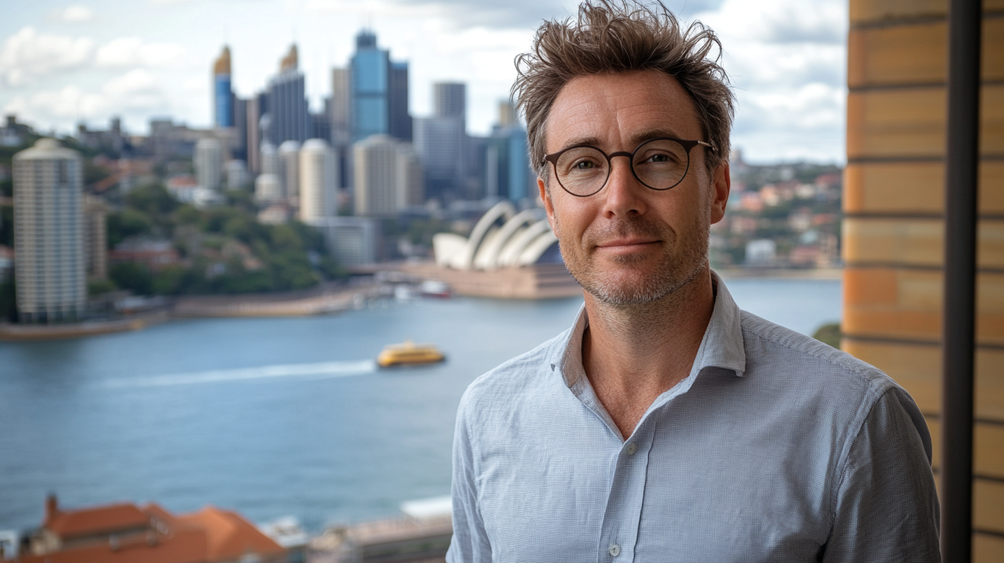 Man in white shirt, glasses, overlooking Sydney Harbour.