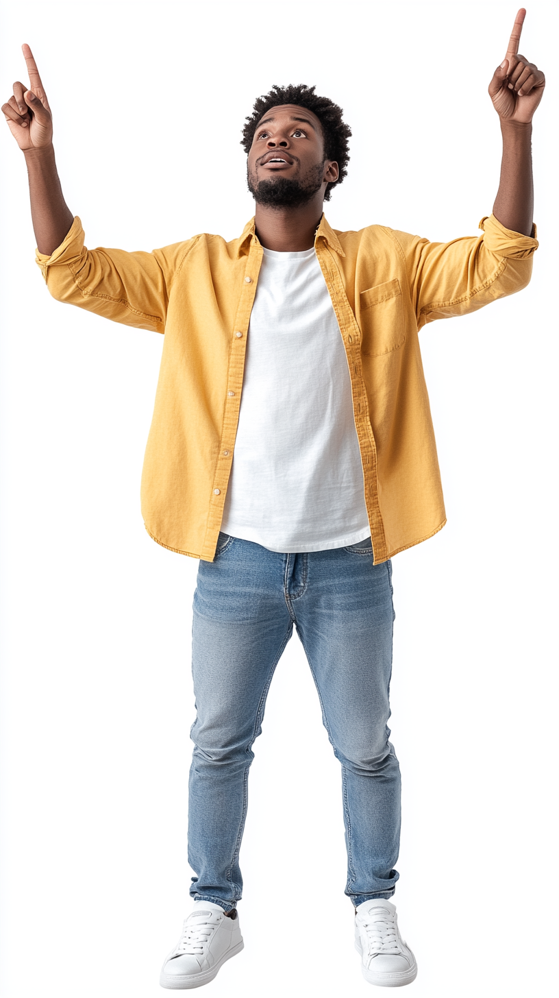 Man in white shirt points up excitedly