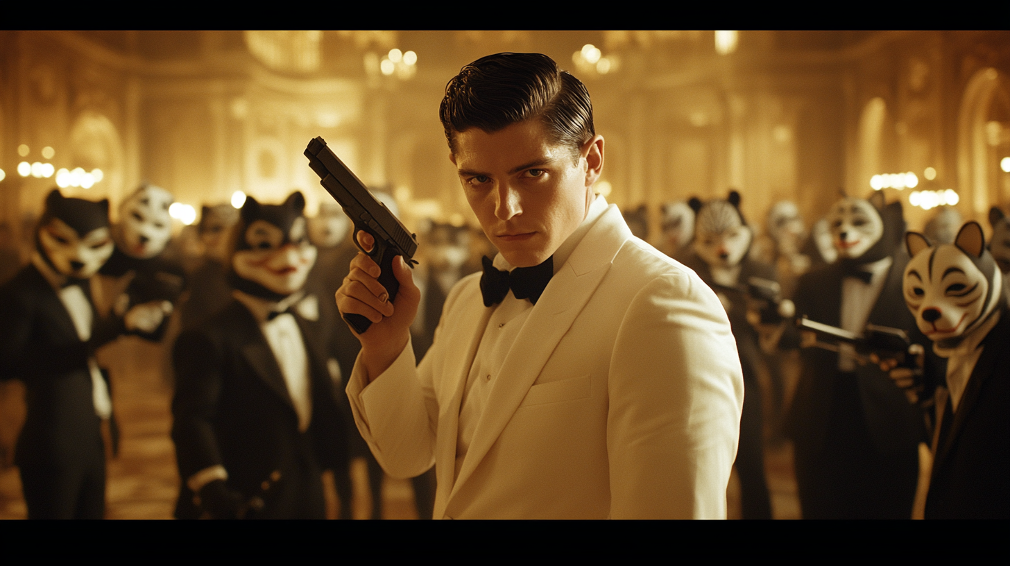 Man in white suit holds gun in ballroom