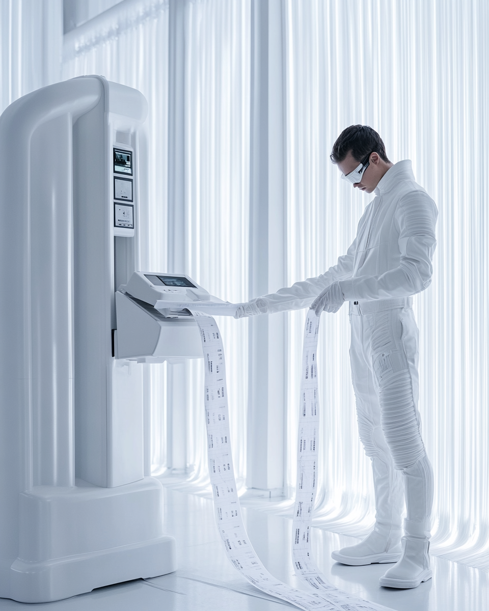 Man in white suit poses with futuristic pump