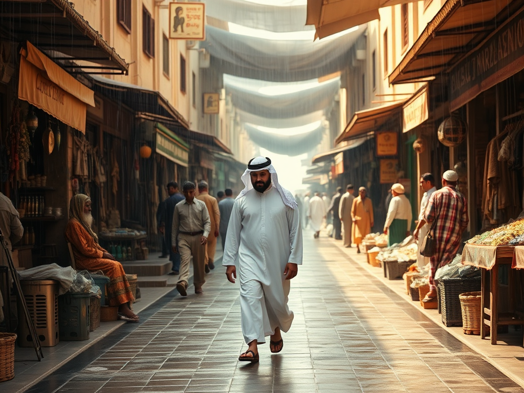 Man in white walking in Arabian market, rain above.