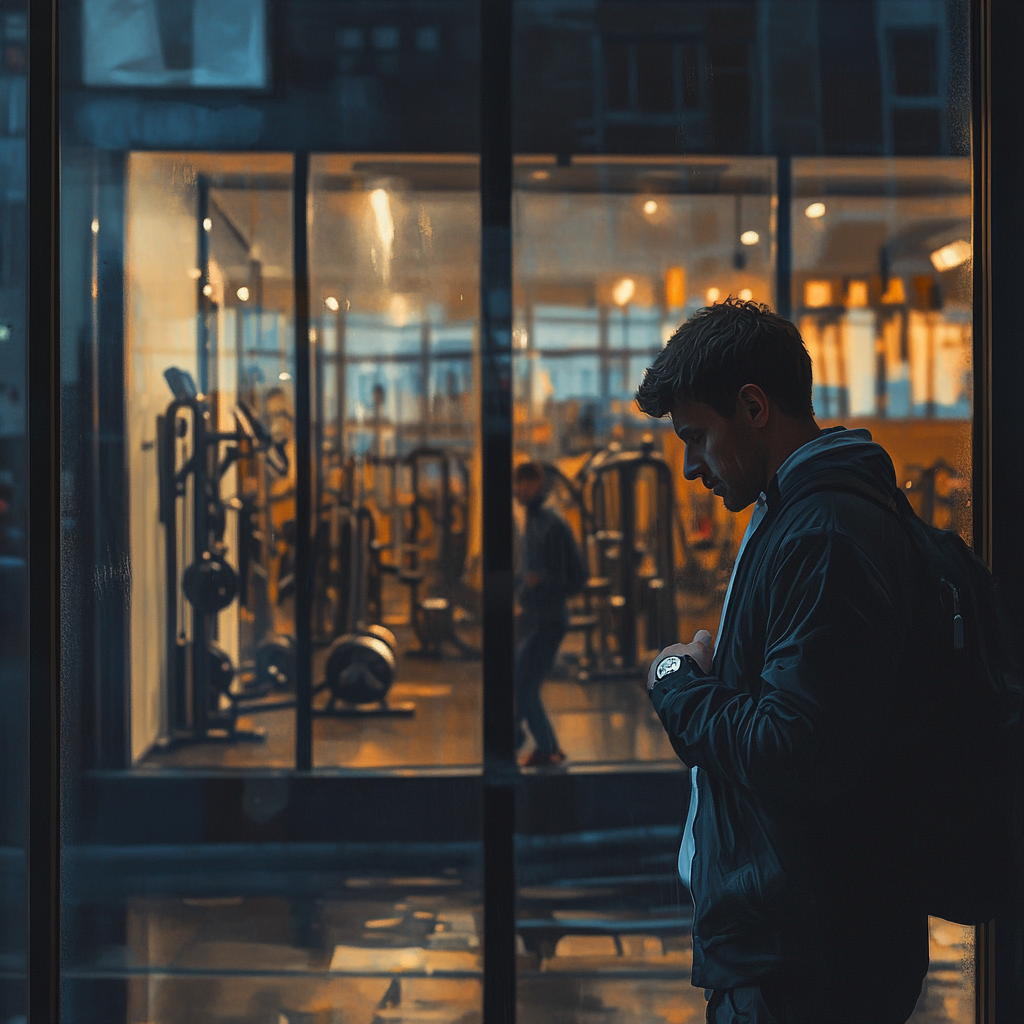 Man in work clothes looks at gym sadly.