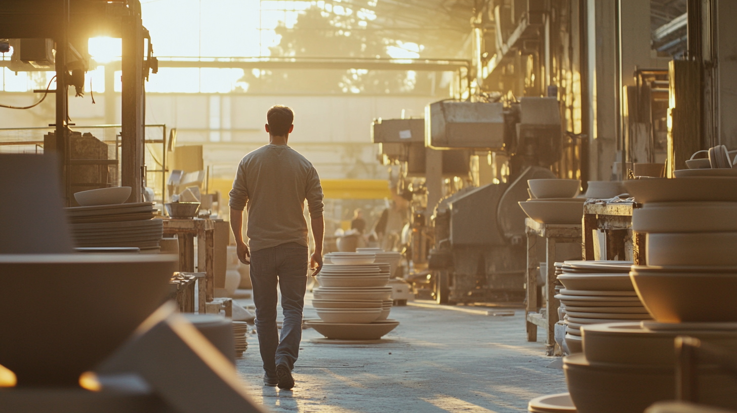 Man inspecting ceramics plant with machinery and workers.