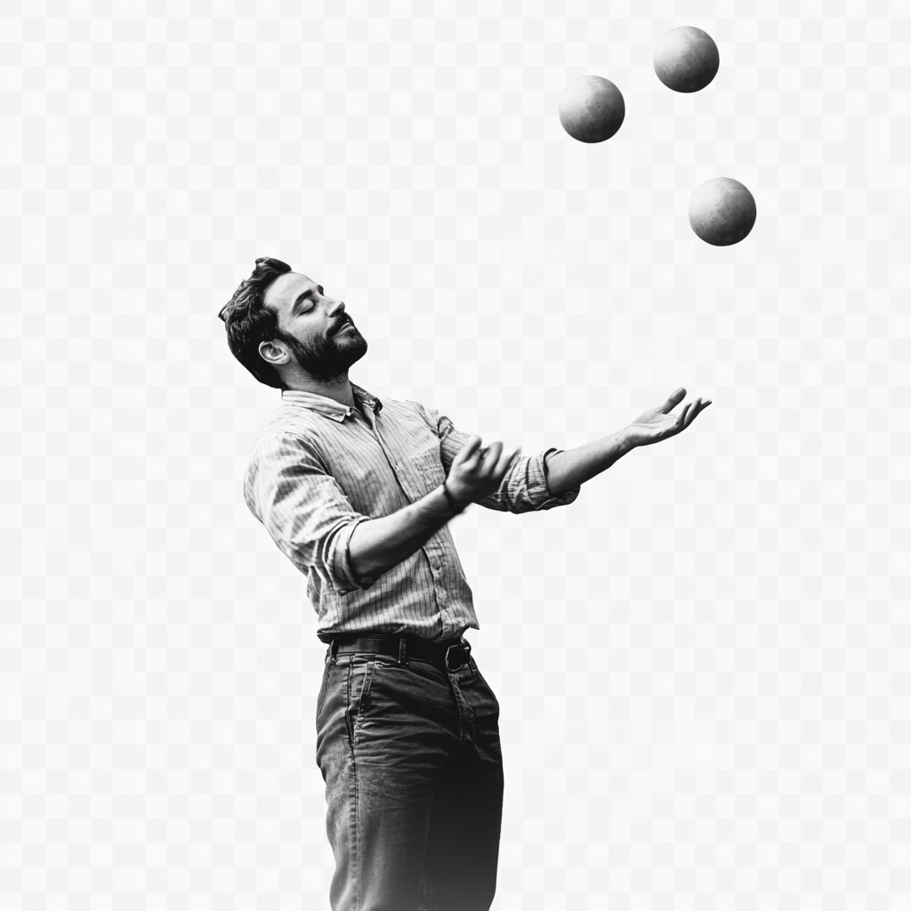 Man juggling small, medium, large balls on transparent background