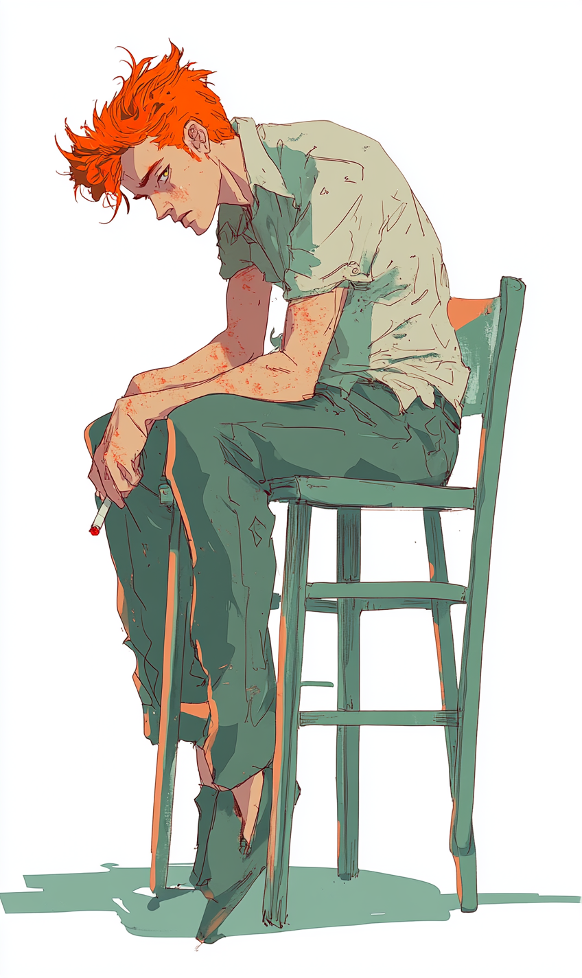 Man leaning on chair, holding a cigarette. Orange hair.