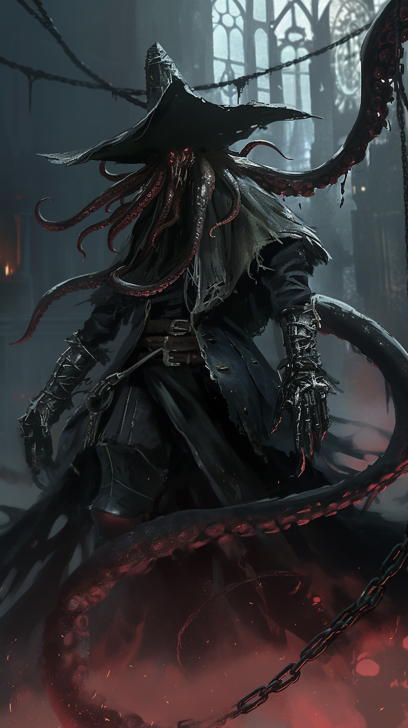 Man-like creature with tentacles, wearing giant hat, in dark city.