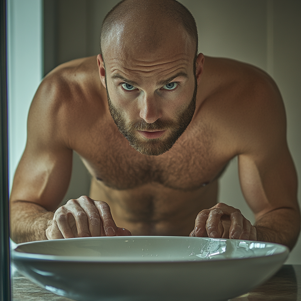 Man looking at himself shirtless in mirror with concern.