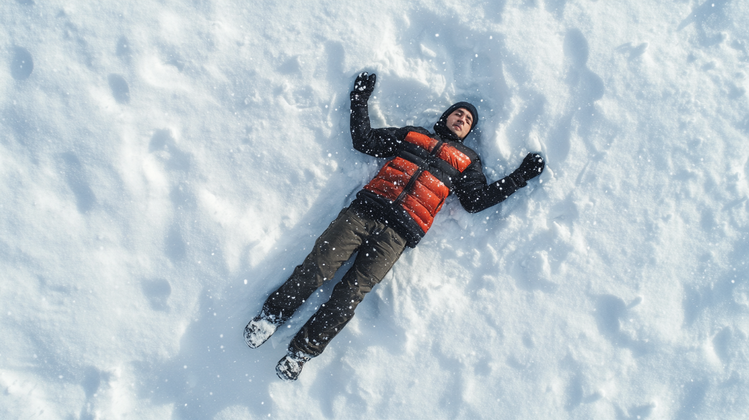 Man lying on snow, face hidden, high drone view.