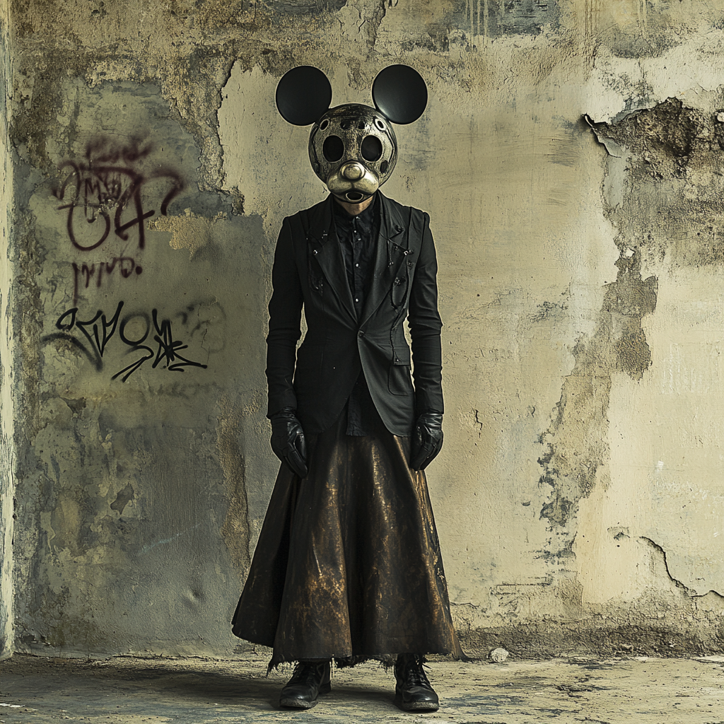 Man model in black suit with Mickey Mouse mask.