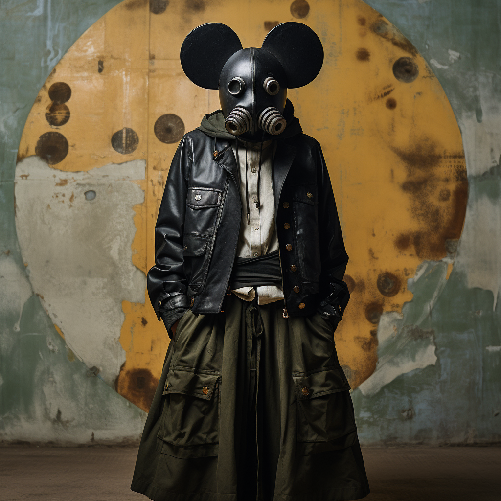 Man model in futuristic Mickey Mouse mask poses.