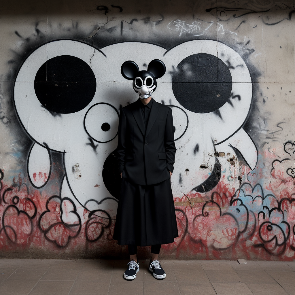 Man model in post atomic Mickey Mouse mask.