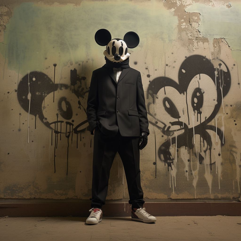 Man model wearing Mickey Mouse mask in post atomic setting.