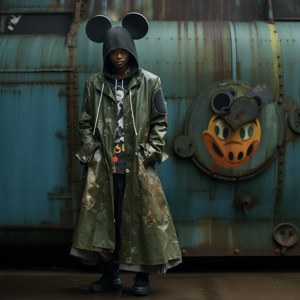 Man model wearing metal Mickey Mouse mask in ruins.