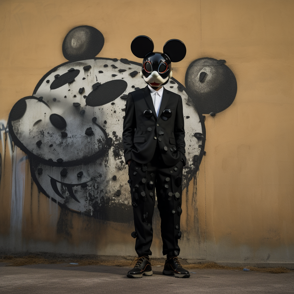 Man model wearing metal futurist Mickey Mouse mask.