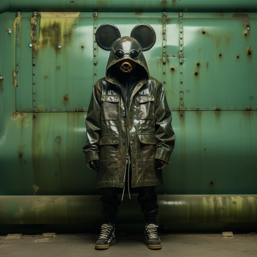 Man model with Mickey Mouse mask in post-apocalyptic setting.