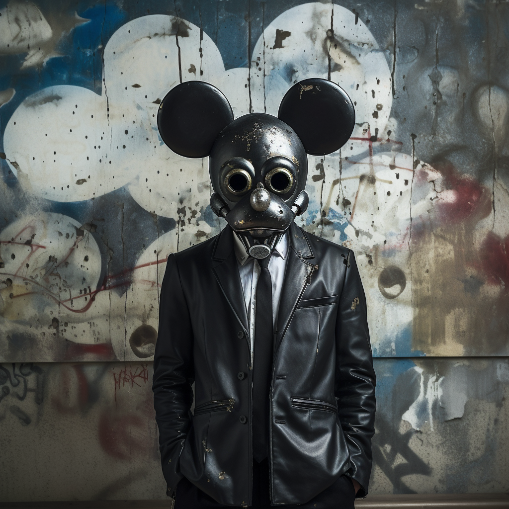 Man model with Mickey Mouse mask in vintage suit.