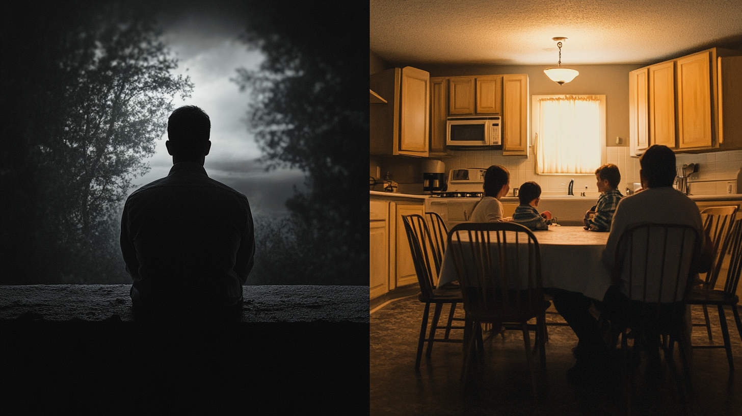 Man on Edge of Dark Chasm, Family Waiting - Life, Love, Cinematic Image 16:9