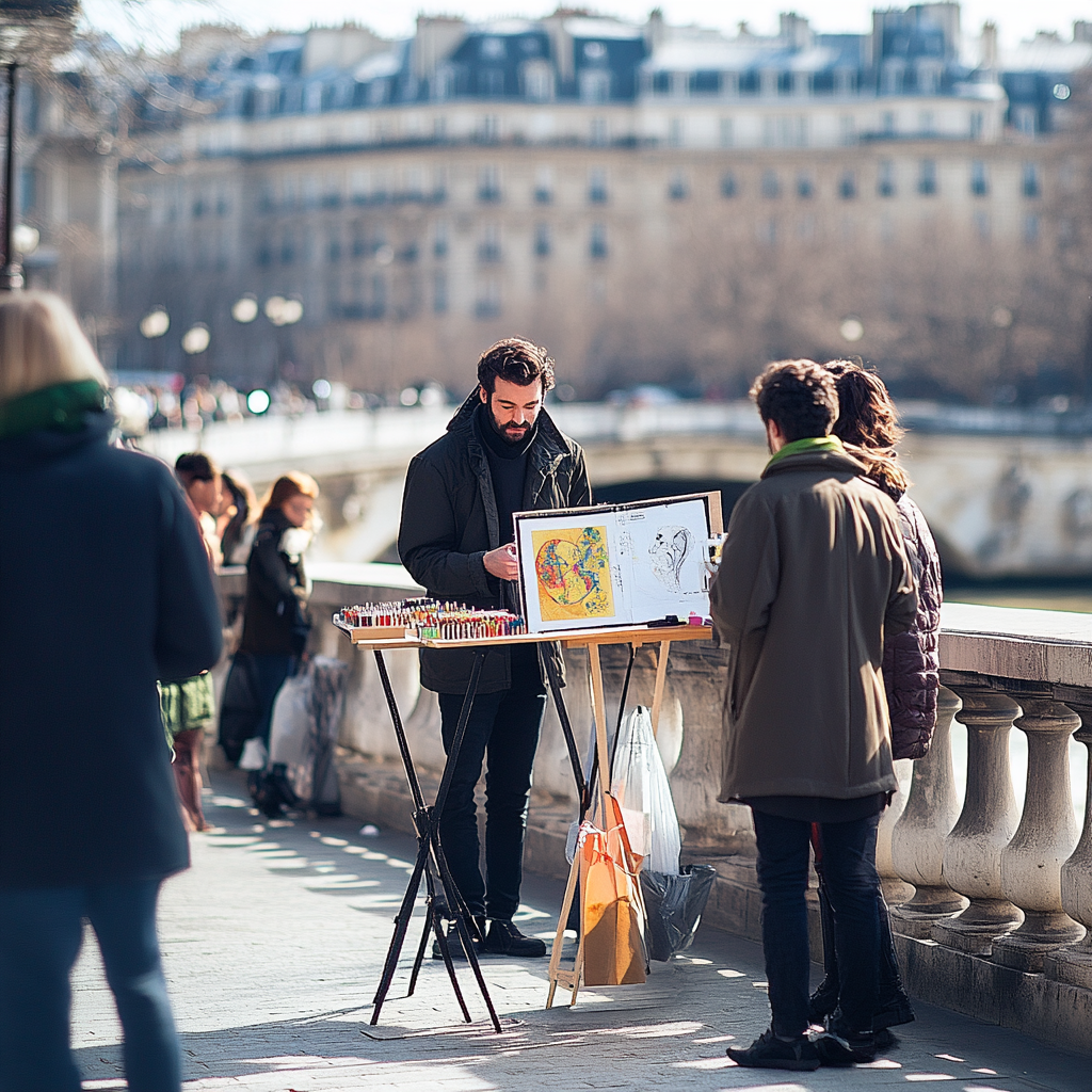 Man on Paris bridge doing embroidery show launch. Sunny.