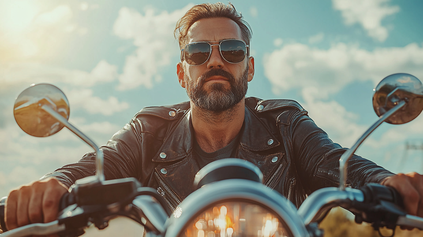 Man on cool bike in dust, leather jacket.