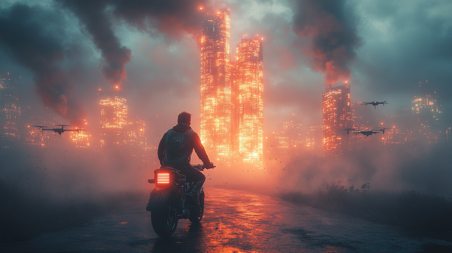 Man on hoverbike escaping drones in wasteland. City skyline barely visible, neon sky.