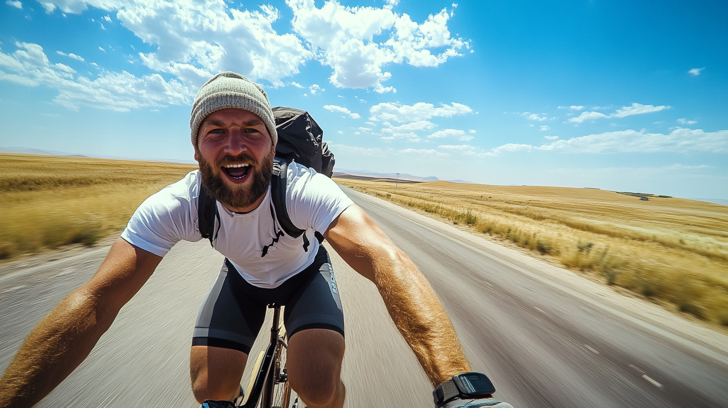 Man on road bike in cross-country race, determined face.