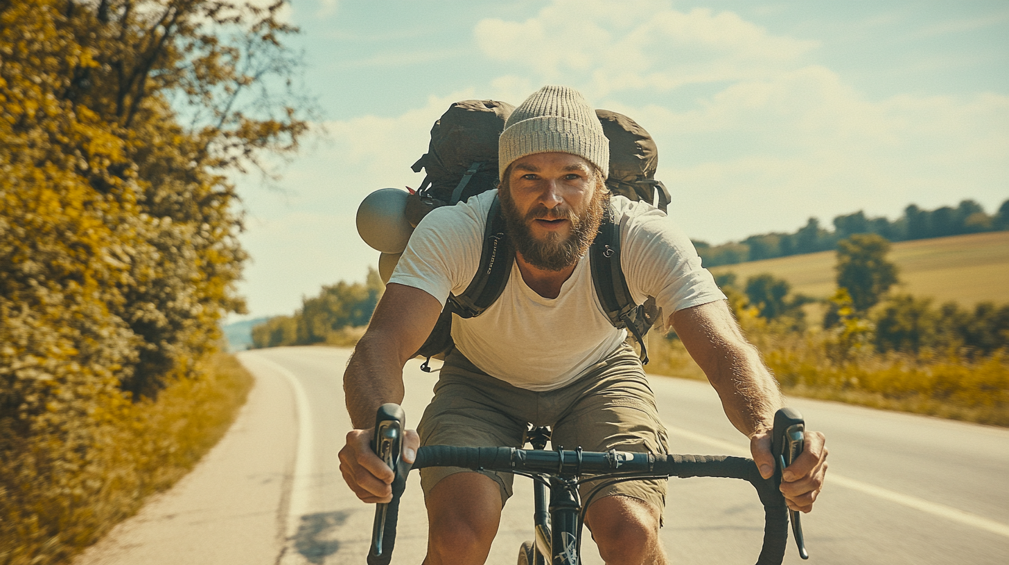 Man on road bike with determination in cross-country race.