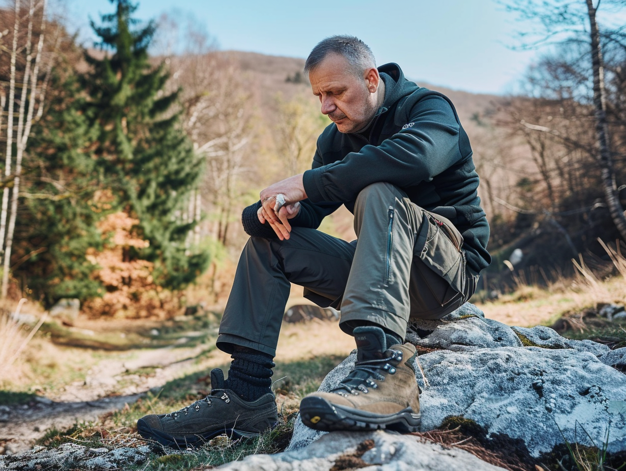 Man on rock putting on trekking socks and boots.