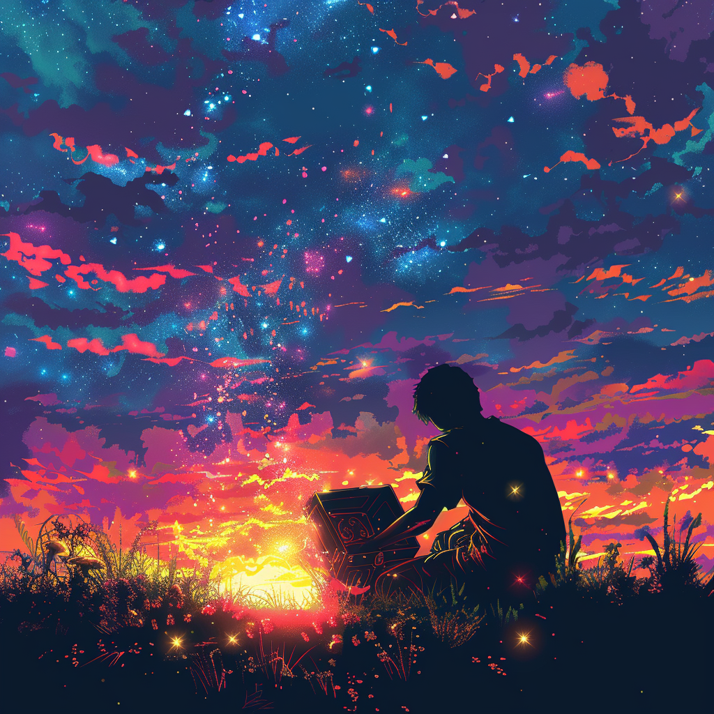 Man opening treasure chest, magical glow, anime sky.