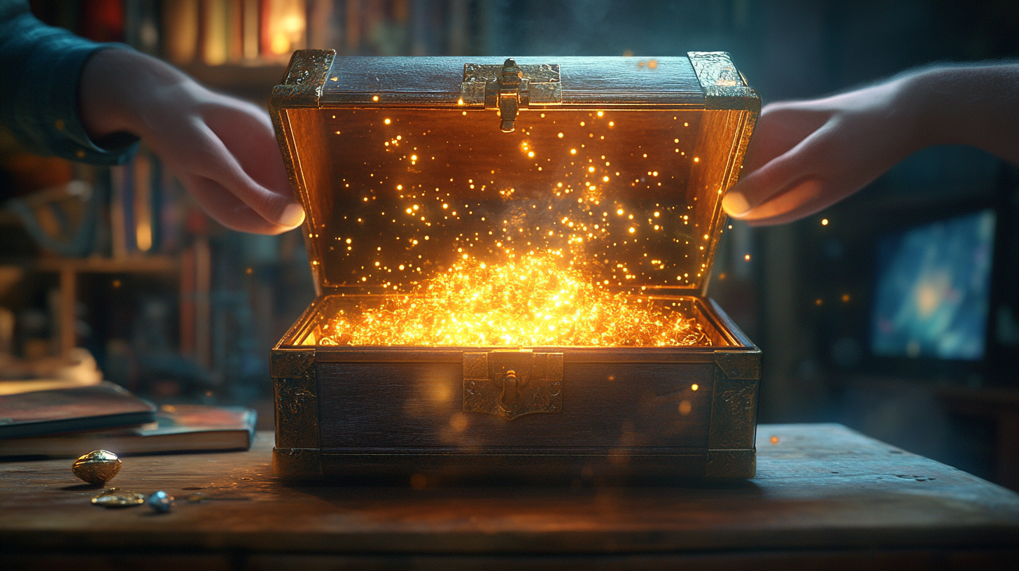 Man opening treasure chest in peaceful room. Cartoon style.