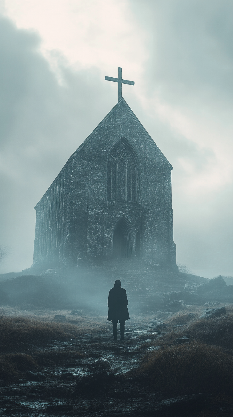 Man or woman gazes at cross on prehistoric church.