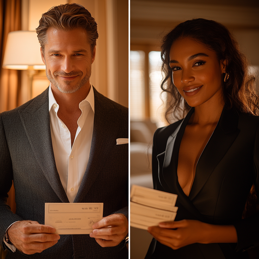 Man placing envelope on dresser, woman smiles nearby.