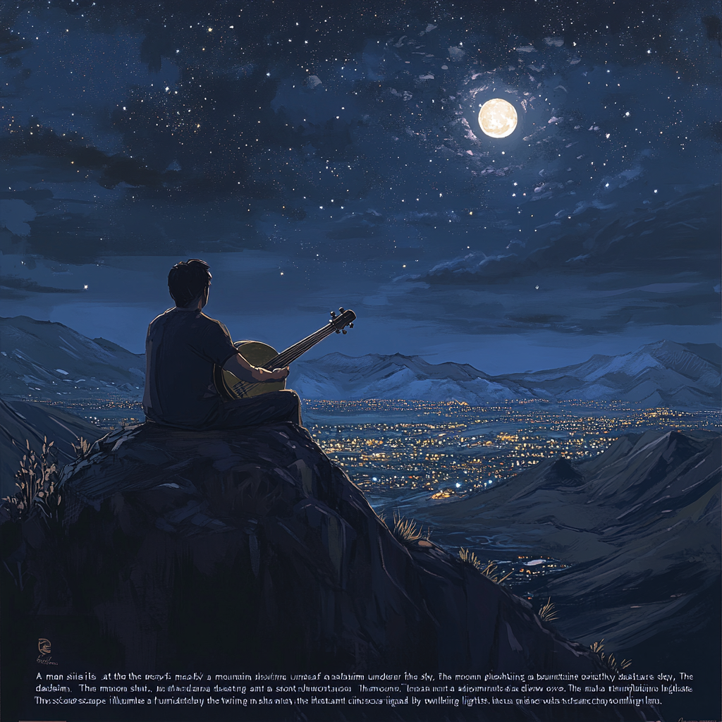 Man plays bağlama on mountain under starry night sky.