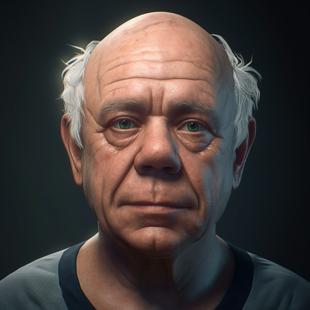 Man portrait with cabbage-shaped head in Maya rendering.